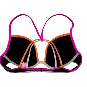 VICTORIA SECRET swim black pink, orange halter tie back swim top 36 B EUC bikini